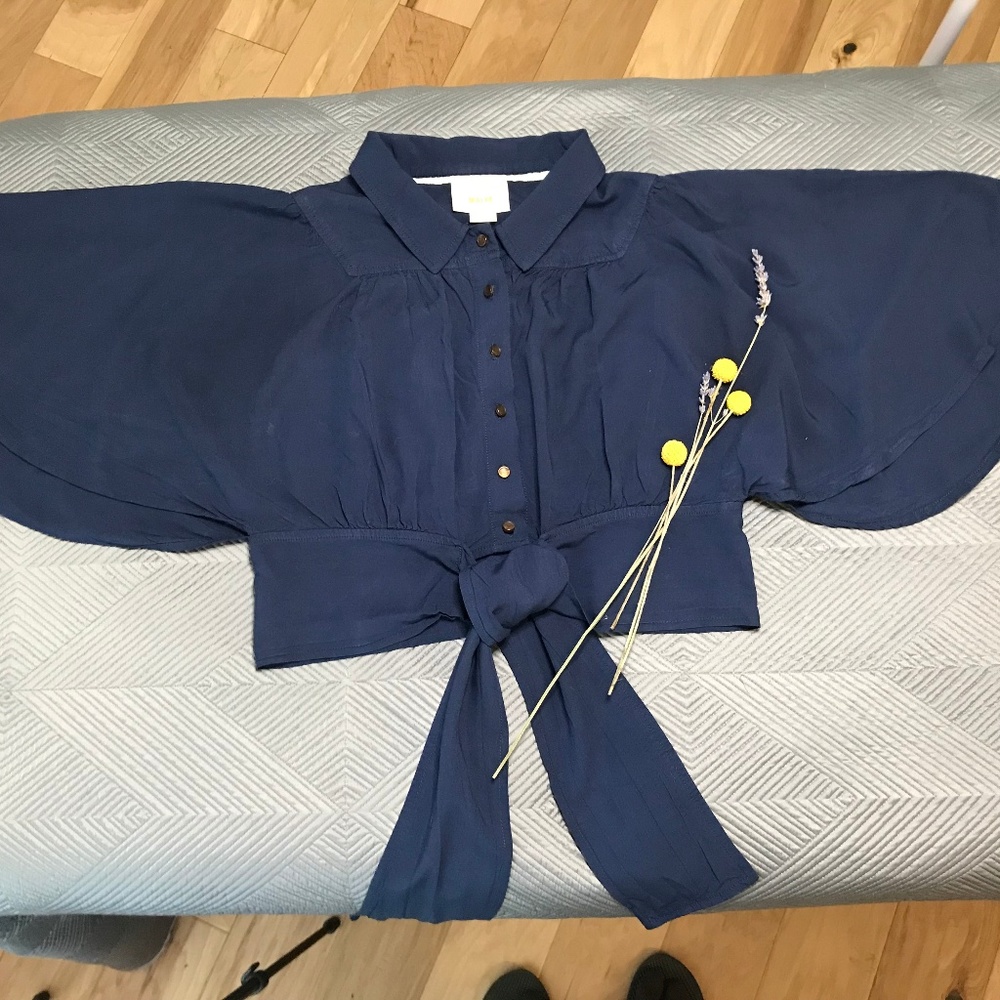 Maeve navy bat wing cropped blouse